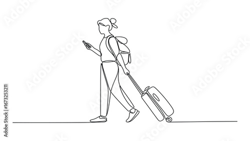 Continuous line drawing of woman traveler with suitcase and mobile phone