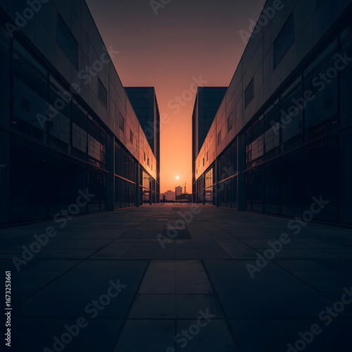 Modern Architecture Cityscape with Geometric Design at Sunset