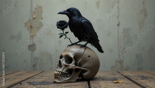 Perched on a human skull on a wooden surface, a black raven holds a black rose. A black bird crows.