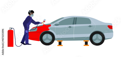 Man in protection uniform paints the car with spray gun. Car painting service. White background.eps