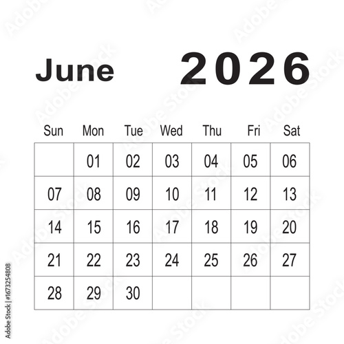 2026 desk Calendar Month Of June