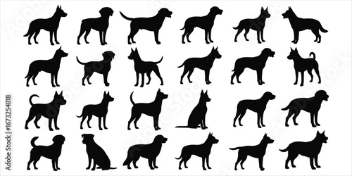 Assortment of dog silhouettes showcasing different breeds and stances on white canine