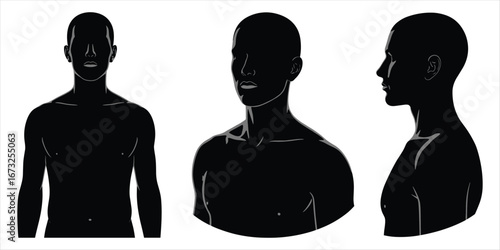 Black silhouette of a man's upper body from front and side views male person