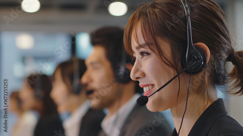 コールセンターでお客様のアフターフォローをヘッドフォンをして対応をしている女性スタッフの写真