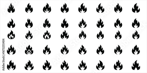 Collection of black fire flame icons on a white background symbol heat