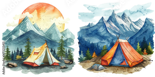 tent camp with mountain scene watercolor vector illustration