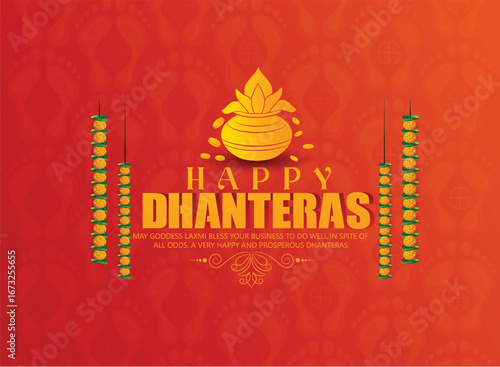 Dhanteras with this vibrant design featuring a kalash, lotus flower, gold coins, and decorative patterns on a rich red and yellow background symbolizing prosperity and blessings.