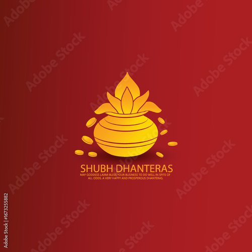 Dhanteras with this vibrant design featuring a kalash, lotus flower, gold coins, and decorative patterns on a rich red and yellow background symbolizing prosperity and blessings.
