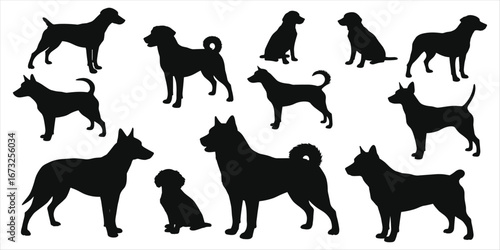 Collection of dog silhouettes in various poses and breeds on a white background canine animal