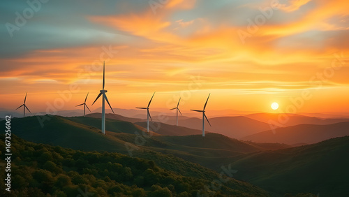 Wind Turbines in Green Landscape during Sunset, Sustainable Energy