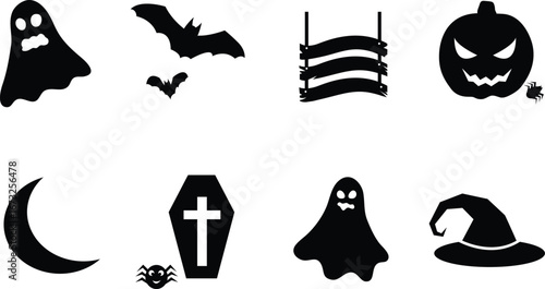Spooky Halloween Icons – Ghosts, Pumpkins, Bats, Tombstones, Witch Hat & Full Moon Clipart