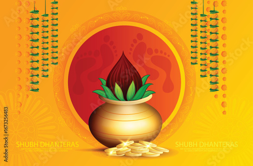 Dhanteras with this vibrant design featuring a kalash, lotus flower, gold coins, and decorative patterns on a rich red and yellow background symbolizing prosperity and blessings.