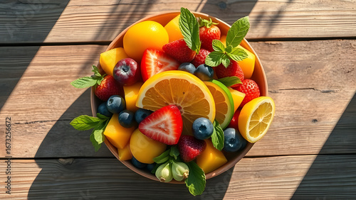 Healthy Superfood Bowl with Fruits and Seeds, Overhead Flat Lay