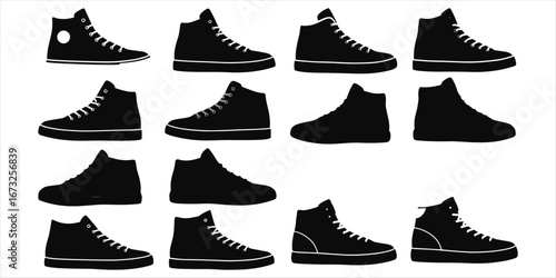 Collection of high-top sneaker silhouettes in various styles on white shoe footwear