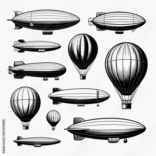 Collection of vintage airships and hot air balloons in a detailed sketch style