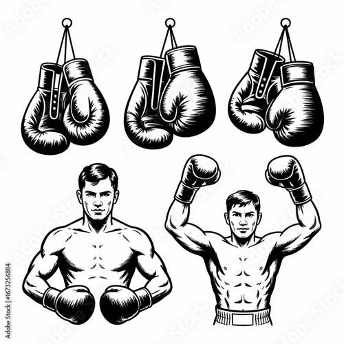 Boxing gloves and fighters illustration set