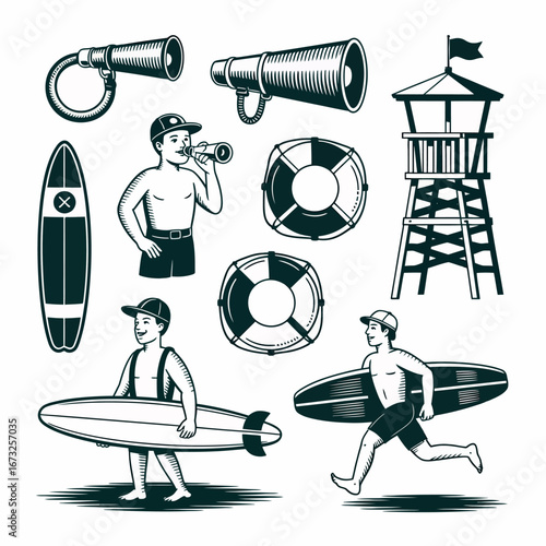 Vintage beach scene with lifeguards and surfboards