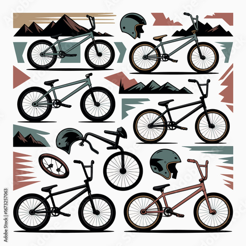 Collection of bmx bikes and helmets in a stylized graphic design