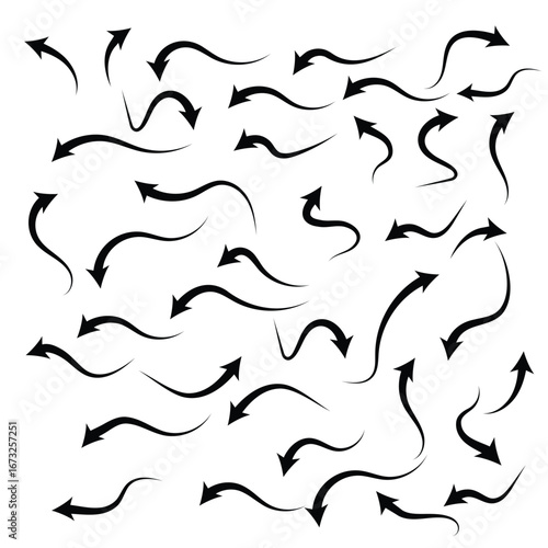 A set of various hand-drawn black curvy and wavy arrows