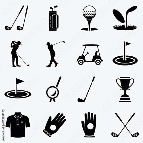 Collection of golf icons representing various aspects of the sport