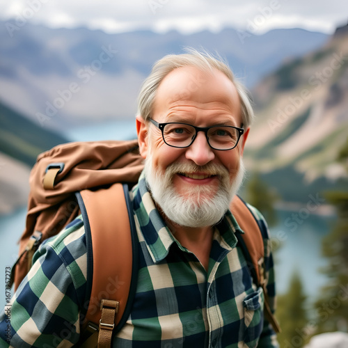 Older man with backpack, wearing plaid shirt, beard and glasses, smiling at camera with scenic mountain lake behind him