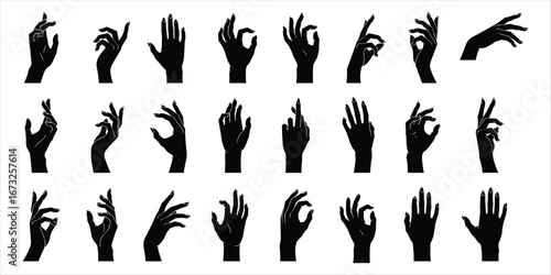 Collection of twenty-four black silhouette female hand gestures on a white background vector illustration