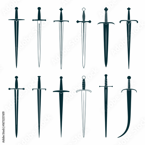 Collection of various medieval swords and blades displayed in a grid pattern