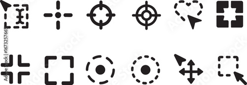 Collection of crosshairs and targeting icons with cursor pointer symbols for precision and focus vector