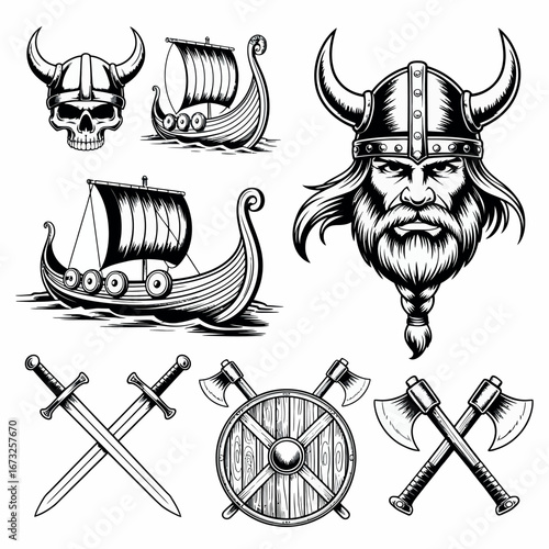 Collection of viking symbols including ships helmets swords axes and shield