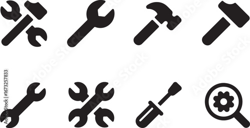 Collection of industrial tools icons including wrenches hammers and screwdrivers for repair and construction vector