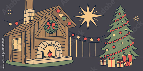 Traditional Christmas setting with star, baubles, garland, wreath, cosy stockings, and presents in a rustic alpine cabin dark isolated backdrop