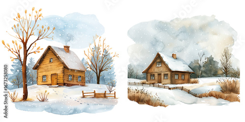 winter lanscape with wooden house watercolor vector illustration