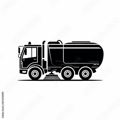 Silhouette of a street sweeper truck with brushes