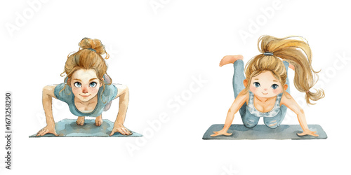 woman doing push-up watercolor vector illustration