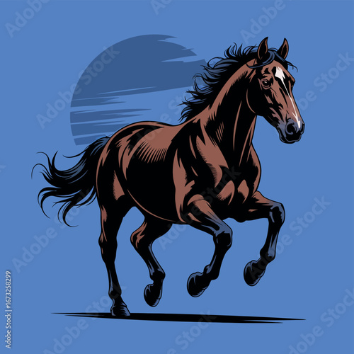 Majestic brown horse galloping against a blue background with a stylized moon