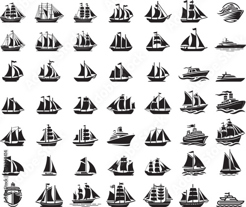 set of sailing ship silhouette vector