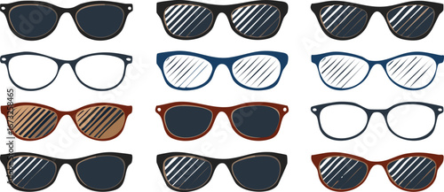 black sunglass icon set, sunglass vector collection, sunglass silhouette design collection, eyeglass vector icon.silhouette, frame, goggles, lens, optical, shade, art, element, geek,vector 