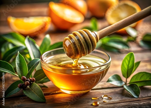 3d icon of a wooden honey dipper with dripping golden honey into a glass bowl, surrounded by fresh orange slices and green leaves