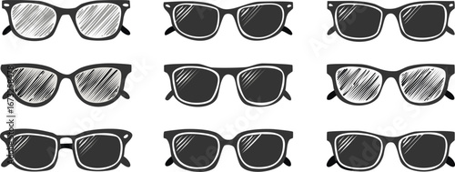 black sunglass icon set, sunglass vector collection, sunglass silhouette design collection, eyeglass vector icon.silhouette, frame, goggles, lens, optical, shade, art, element, geek,vector 