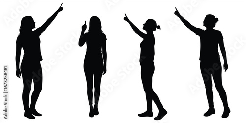 Four Female Silhouettes Pointing Upwards Against White Background woman finger