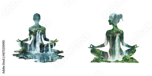 yoga silhouette with waterfall scene inside watercolor vector illustration