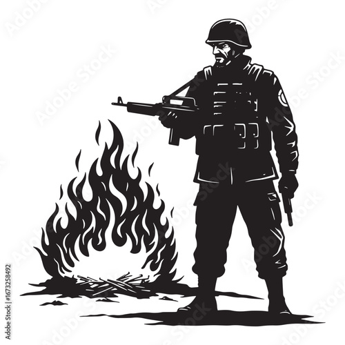 Silhouette of a Soldier with a Rifle by a Campfire, Black and White Illustration