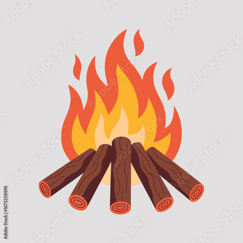 Stylized illustration of a campfire with bright orange and yellow flames and dark brown logs