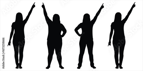 Four female silhouettes pointing upwards on a white background woman person