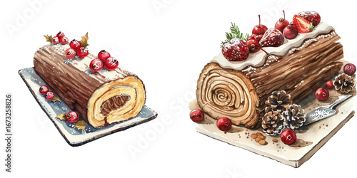 yule log cake watercolor vector illustration