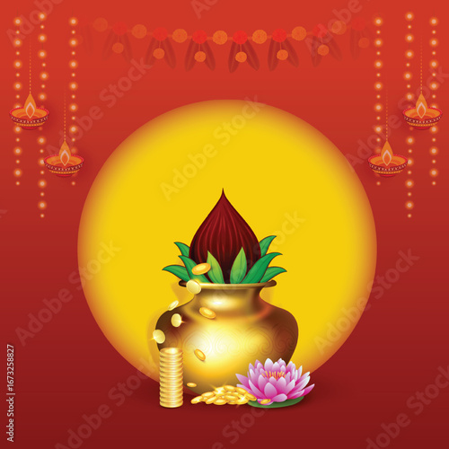 Dhanteras with this vibrant design featuring a kalash, lotus flower, gold coins, and decorative patterns on a rich red and yellow background symbolizing prosperity and blessings.