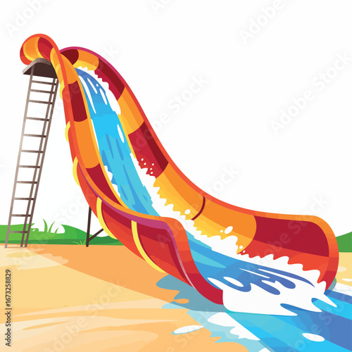 Colorful water slide with flowing water and ladder