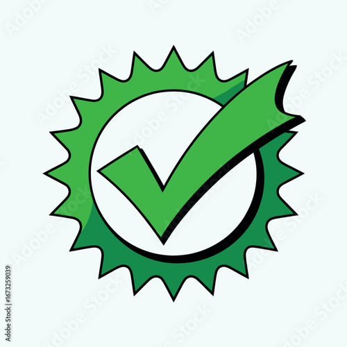 Green check mark inside a starburst circle symbolizing approval and success