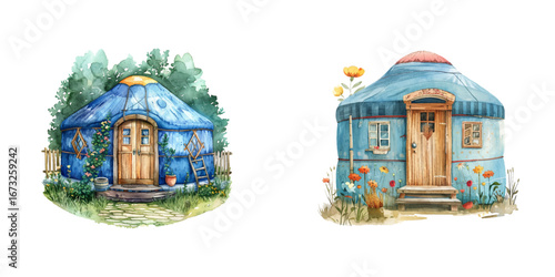 yurts house watercolor vector illustration
