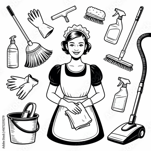 Happy maid with cleaning supplies and tools for housekeeping